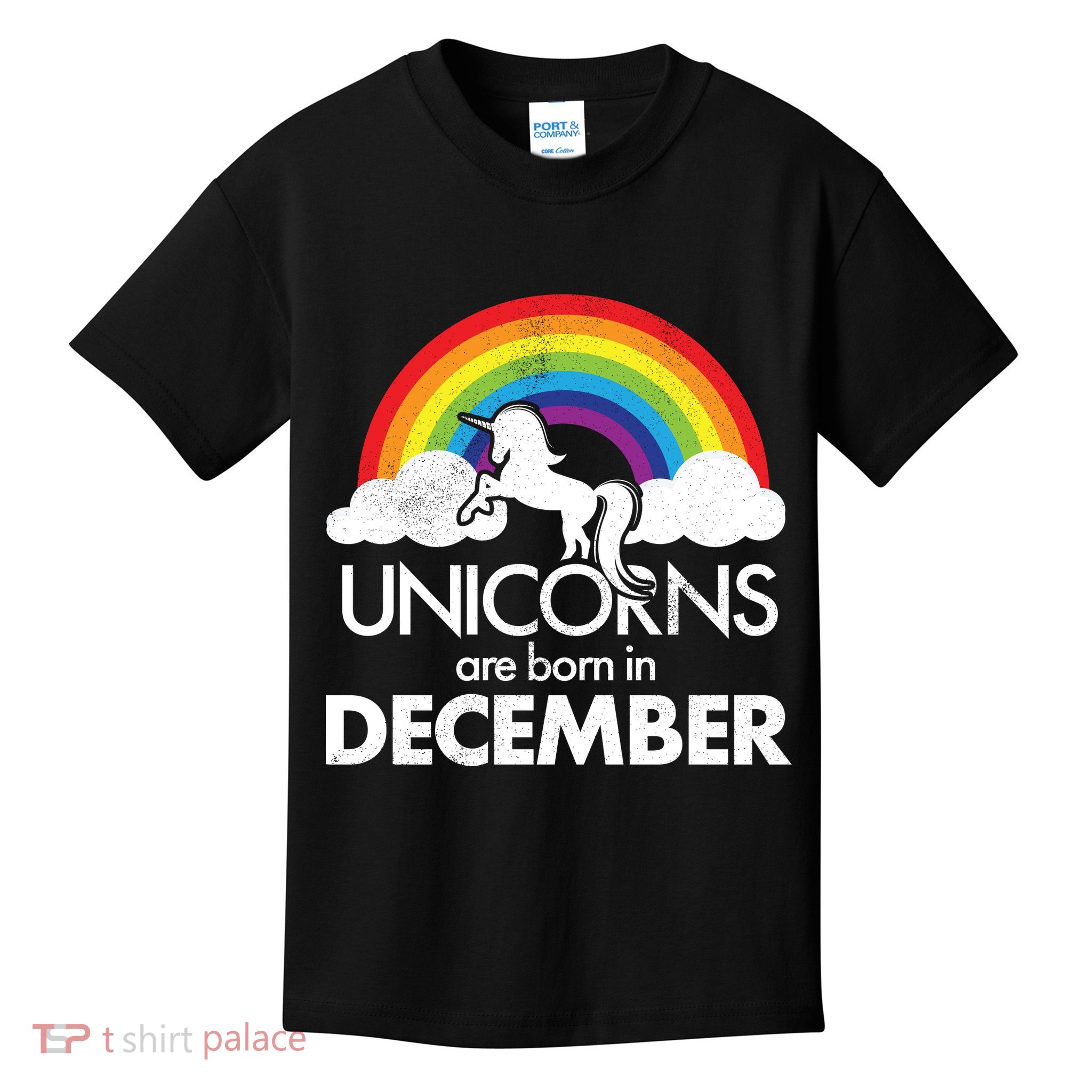 Unicorns Are Born In December Rainbow Retro Kids T-Shirt