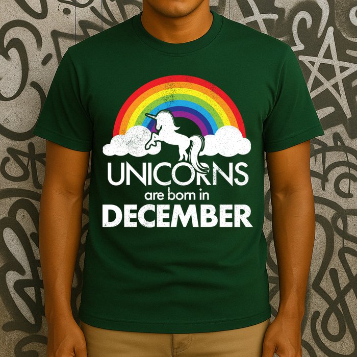 Unicorns Are Born In December Rainbow Retro T-Shirt