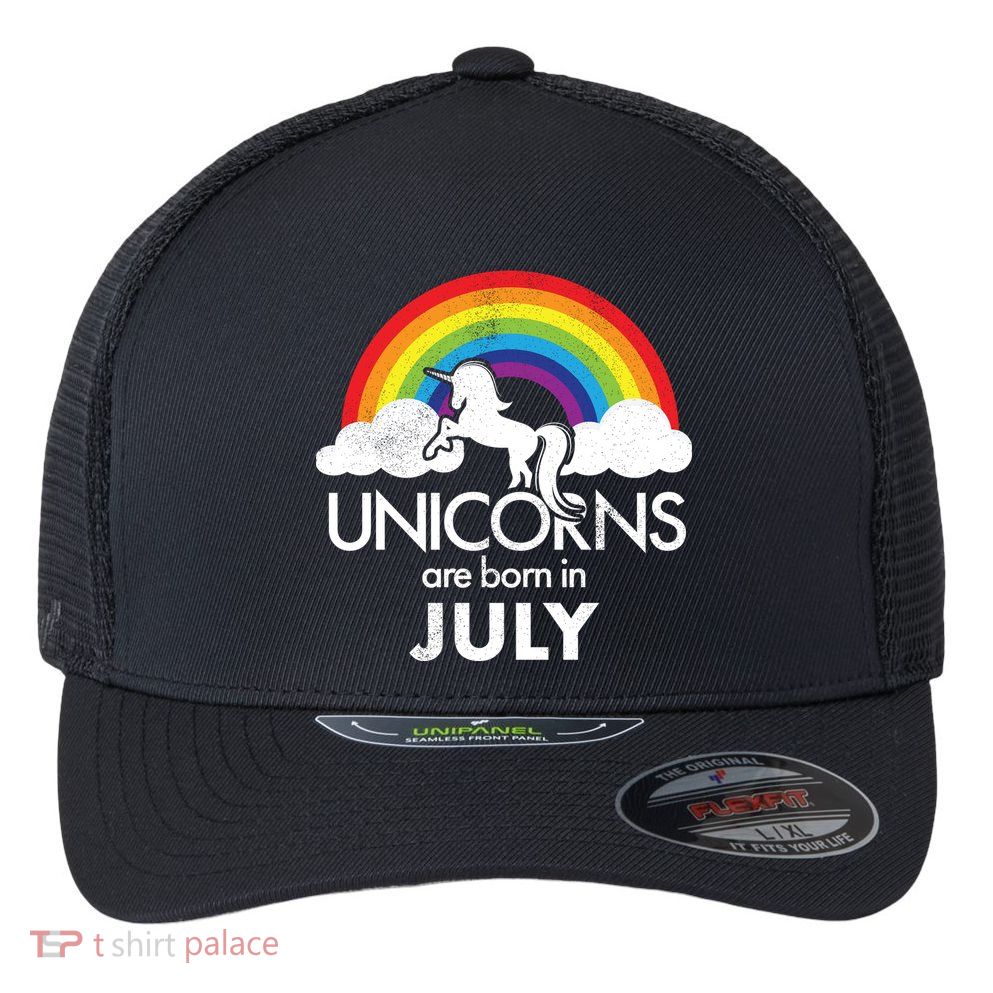 Unicorns Are Born In July Rainbow Retro Flexfit Unipanel Trucker Cap