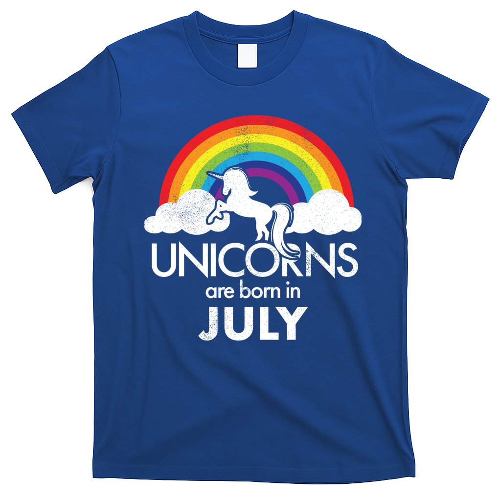 Unicorns Are Born In July Rainbow Retro T-Shirt