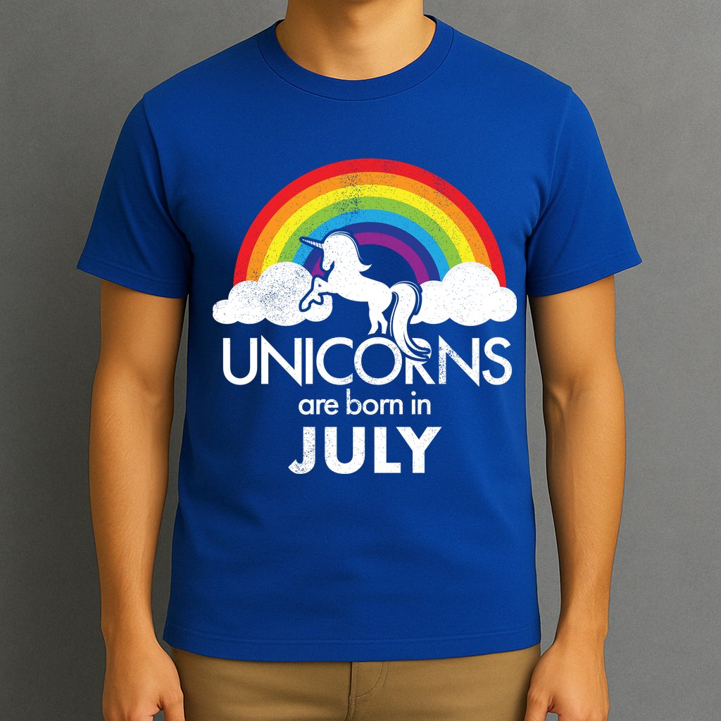 Unicorns Are Born In July Rainbow Retro T-Shirt