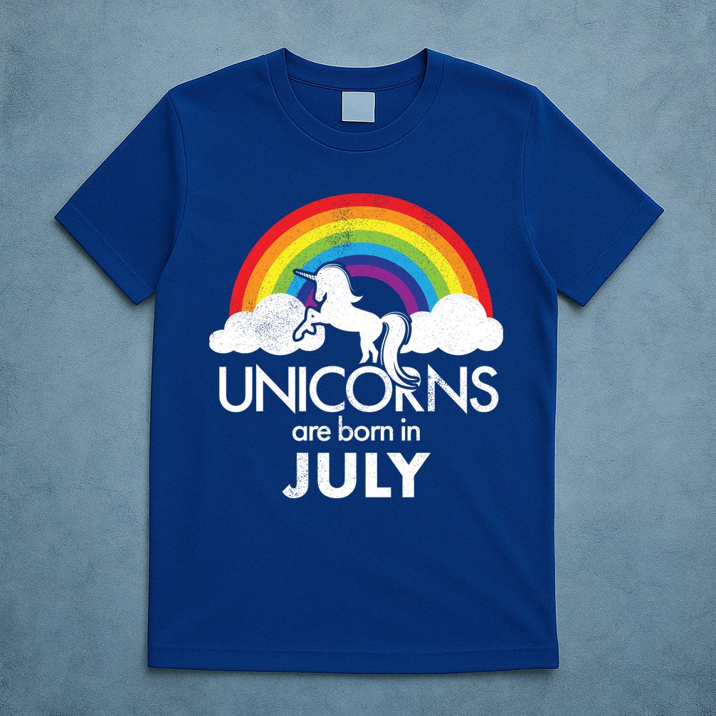 Unicorns Are Born In July Rainbow Retro T-Shirt