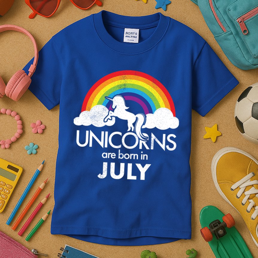 Unicorns Are Born In July Rainbow Retro Kids T-Shirt