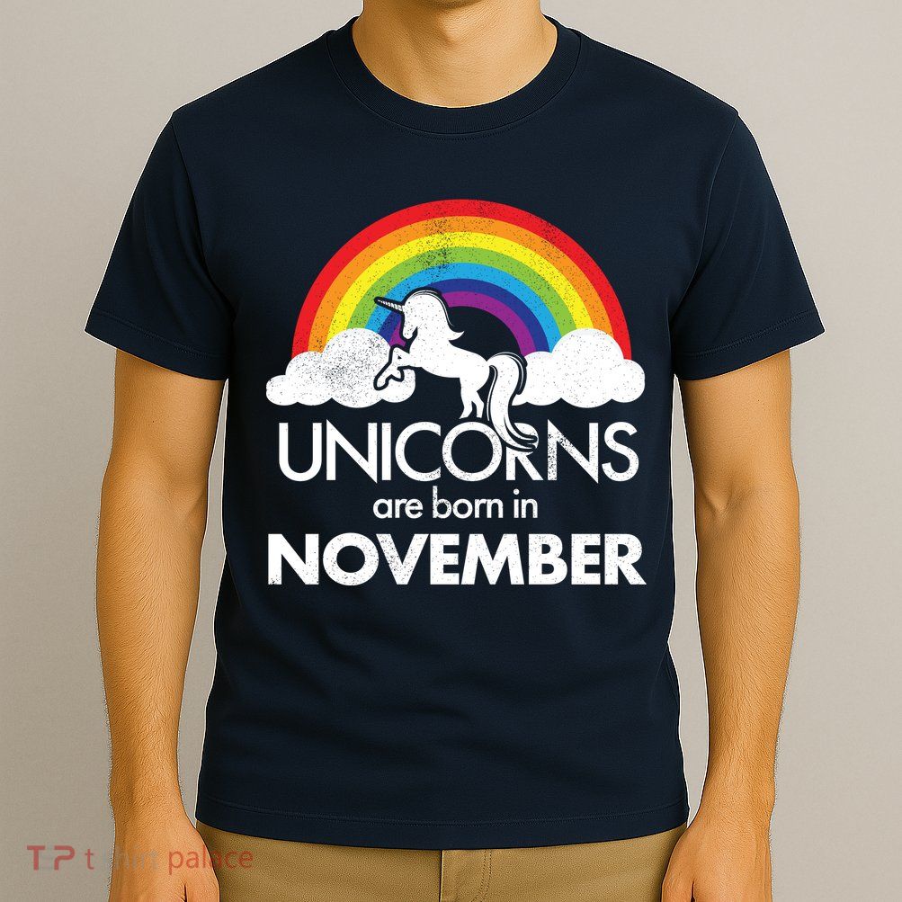 Unicorns Are Born In November Rainbow Retro T-Shirt