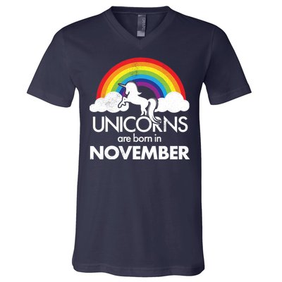 Unicorns Are Born In November Rainbow Retro V-Neck T-Shirt