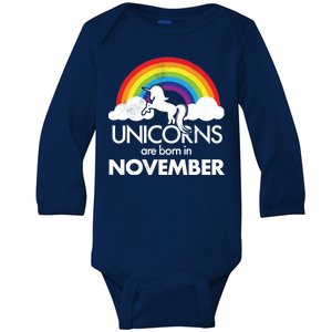 Unicorns Are Born In November Rainbow Retro Baby Long Sleeve Bodysuit