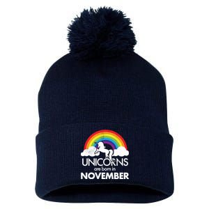 Unicorns Are Born In November Rainbow Retro Pom Pom 12in Knit Beanie