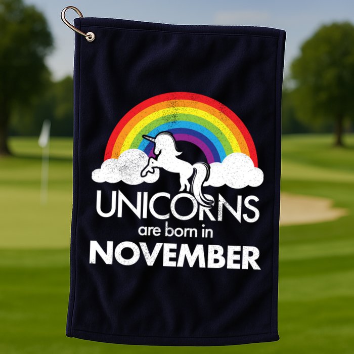 Unicorns Are Born In November Rainbow Retro Golf Towel