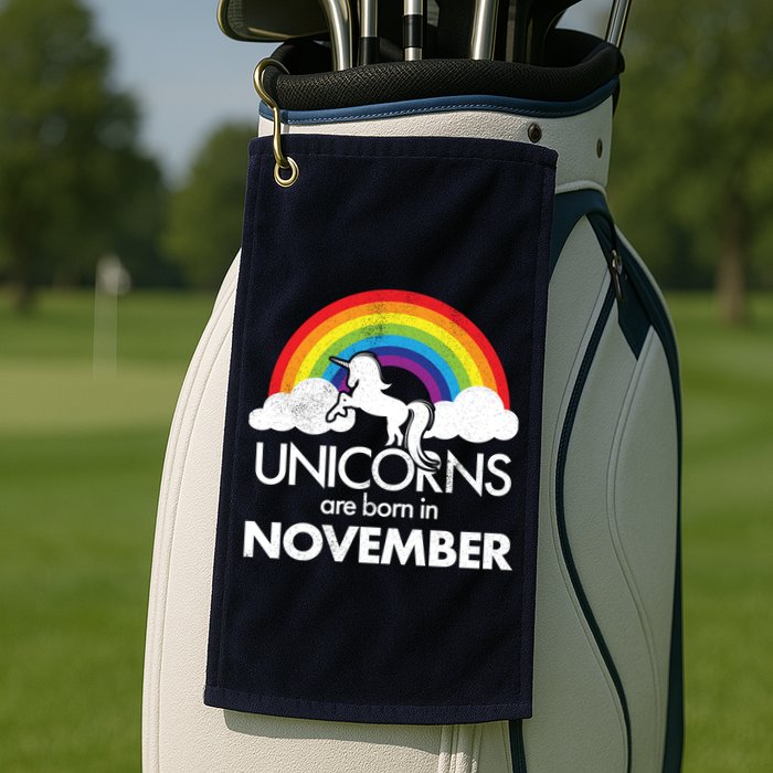 Unicorns Are Born In November Rainbow Retro Golf Towel