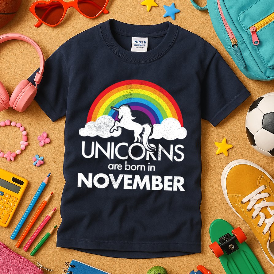 Unicorns Are Born In November Rainbow Retro Kids T-Shirt