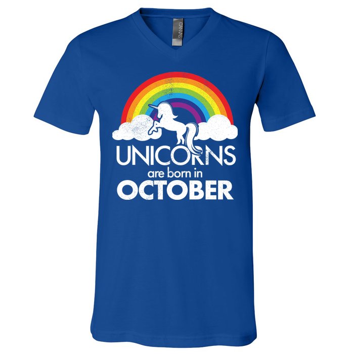 Unicorns Are Born In October Rainbow Retro V-Neck T-Shirt