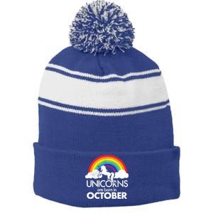 Unicorns Are Born In October Rainbow Retro Stripe Pom Pom Beanie