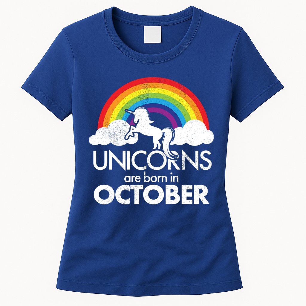 Unicorns Are Born In October Rainbow Retro Womens T-Shirt