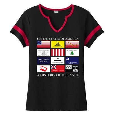 United States Of America A History Of Defiance  Ladies Halftime Notch Neck Tee