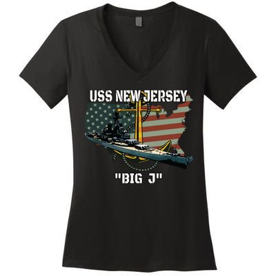 Uss New Jersey Bb62 Battleship Veterans Day Warship Father Women's V-Neck T-Shirt
