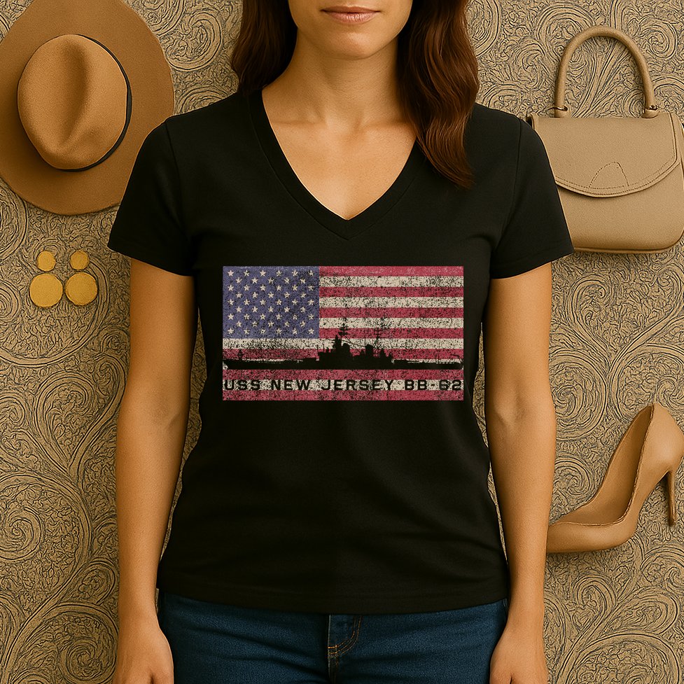 Uss New Jersey Bb62 Ww2 Battleship Usa American Flag Women's V-Neck T-Shirt