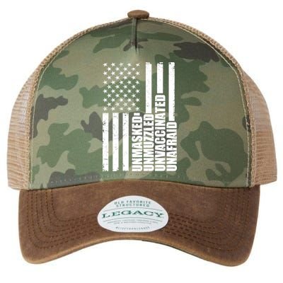 Unmasked Unmuzzled Unvaccinated Unafraid US Flag Legacy Tie Dye Trucker Hat