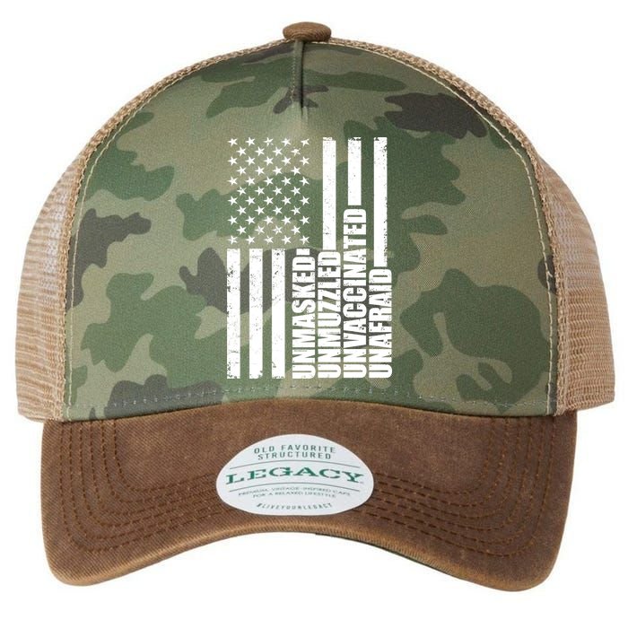 Unmasked Unmuzzled Unvaccinated Unafraid US Flag Legacy Tie Dye Trucker Hat