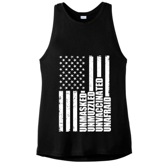 Unmasked Unmuzzled Unvaccinated Unafraid US Flag Ladies PosiCharge Tri-Blend Wicking Tank