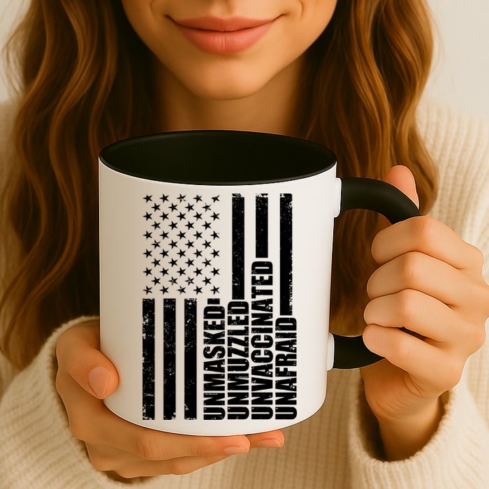 Unmasked Unmuzzled Unvaccinated Unafraid US Flag Mug