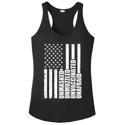 Unmasked Unmuzzled Unvaccinated Unafraid US Flag Ladies PosiCharge Competitor Racerback Tank