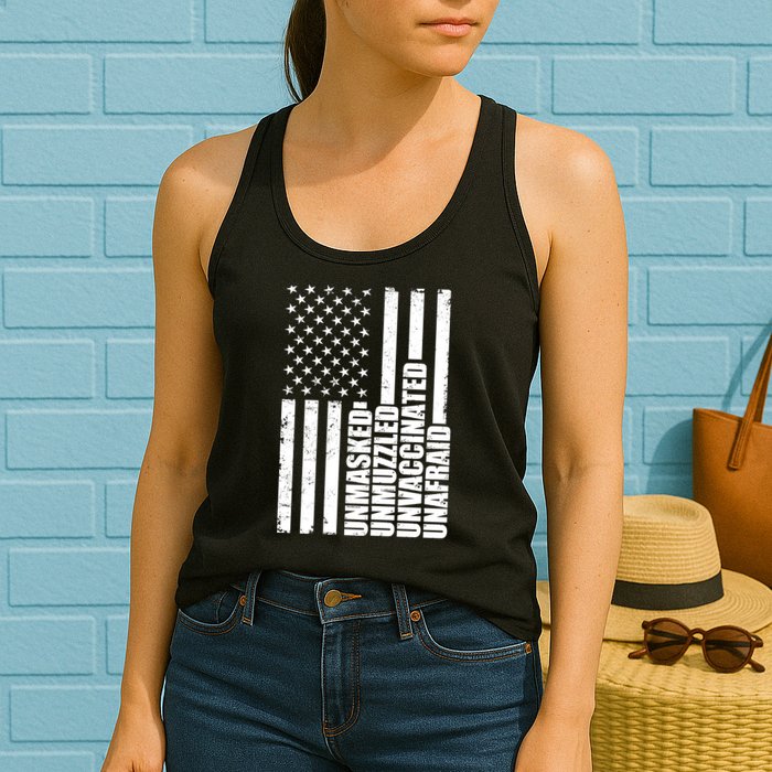 Unmasked Unmuzzled Unvaccinated Unafraid US Flag Womens Tank Top