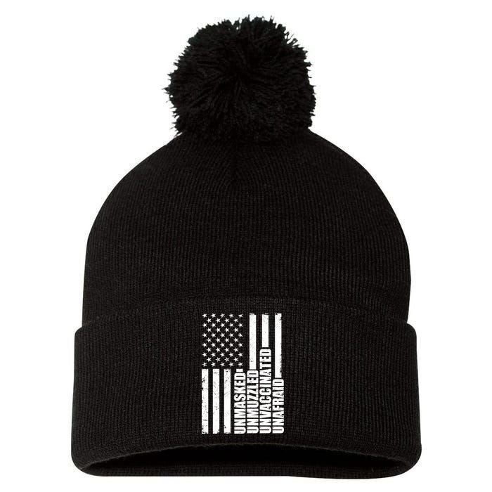 Unmasked Unmuzzled Unvaccinated Unafraid US Flag Pom Pom 12in Knit Beanie