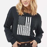 Unmasked Unmuzzled Unvaccinated Unafraid US Flag Cropped Pullover Crew