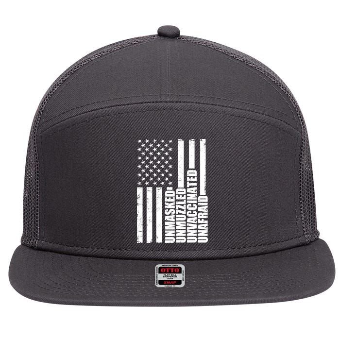 Unmasked Unmuzzled Unvaccinated Unafraid US Flag 7 Panel Mesh Trucker Snapback Hat