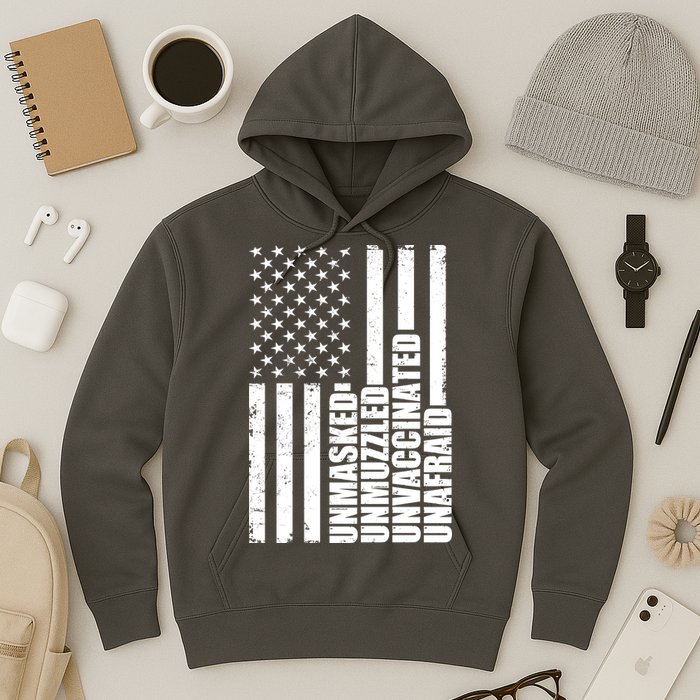 Unmasked Unmuzzled Unvaccinated Unafraid US Flag Hoodie