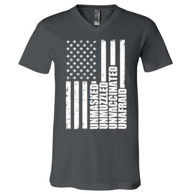 Unmasked Unmuzzled Unvaccinated Unafraid US Flag V-Neck T-Shirt