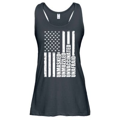 Unmasked Unmuzzled Unvaccinated Unafraid US Flag Ladies Essential Flowy Tank