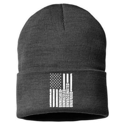 Unmasked Unmuzzled Unvaccinated Unafraid US Flag Sustainable Knit Beanie