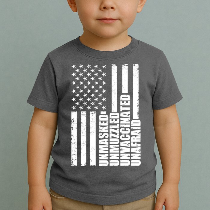 Unmasked Unmuzzled Unvaccinated Unafraid US Flag Toddler T-Shirt
