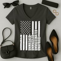 Unmasked Unmuzzled Unvaccinated Unafraid US Flag Women's V-Neck T-Shirt