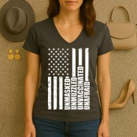 Unmasked Unmuzzled Unvaccinated Unafraid US Flag Women's V-Neck T-Shirt