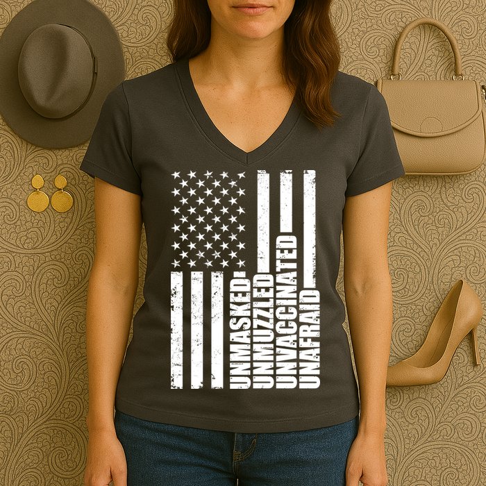 Unmasked Unmuzzled Unvaccinated Unafraid US Flag Women's V-Neck T-Shirt