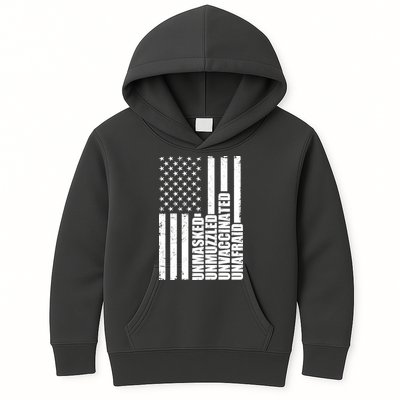 Unmasked Unmuzzled Unvaccinated Unafraid US Flag Kids Hoodie