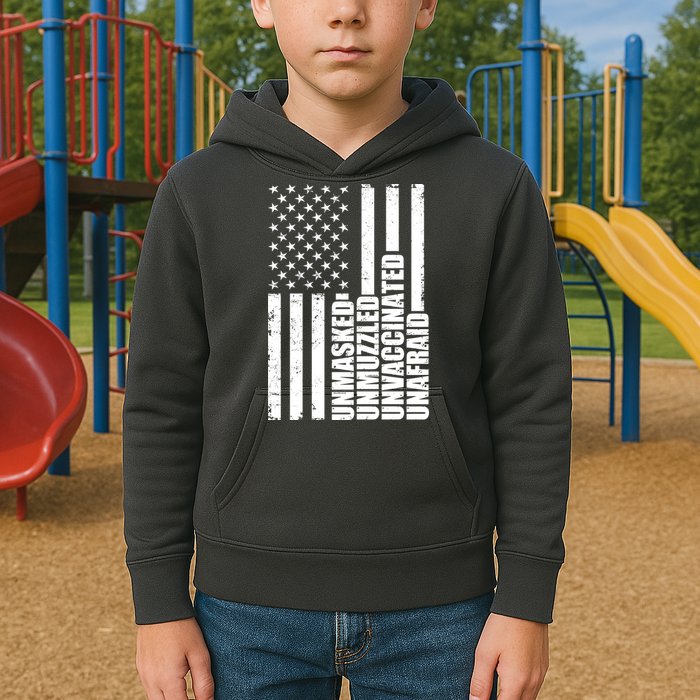 Unmasked Unmuzzled Unvaccinated Unafraid US Flag Kids Hoodie