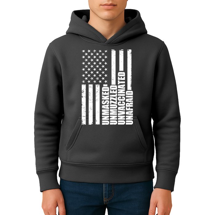 Unmasked Unmuzzled Unvaccinated Unafraid US Flag Kids Hoodie