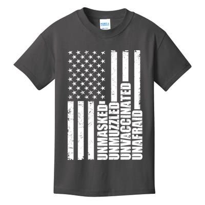 Unmasked Unmuzzled Unvaccinated Unafraid US Flag Kids T-Shirt