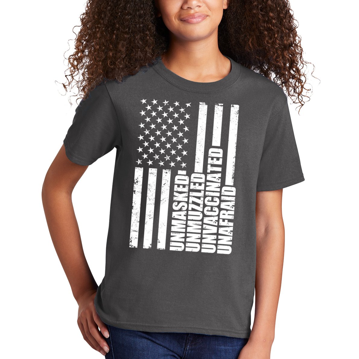 Unmasked Unmuzzled Unvaccinated Unafraid US Flag Kids T-Shirt