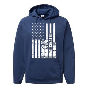 Unmasked Unmuzzled Unvaccinated Unafraid US Flag Performance Fleece Hoodie