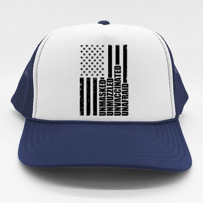 Unmasked Unmuzzled Unvaccinated Unafraid US Flag Trucker Hat