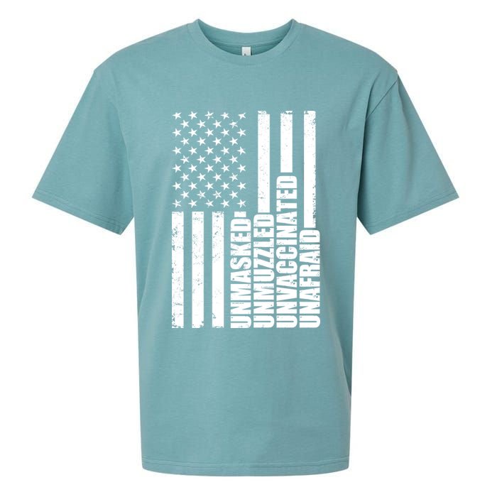 Unmasked Unmuzzled Unvaccinated Unafraid US Flag Sueded Cloud Jersey T-Shirt