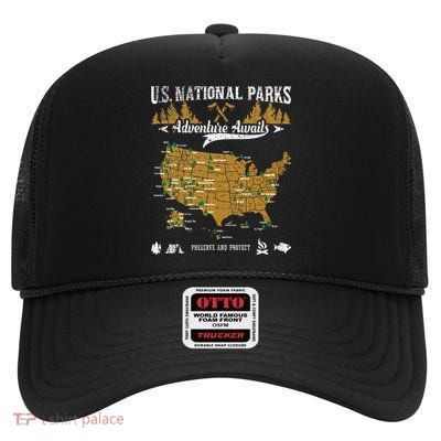 US National Parks Adventure Awaits Hiking & Camping Lover High Crown Mesh Back Trucker Hat