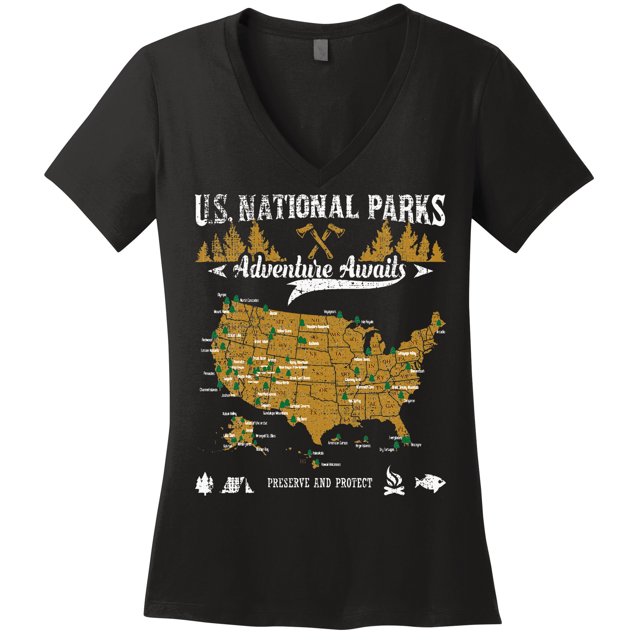 US National Parks Adventure Awaits Hiking & Camping Lover Women's V-Neck T-Shirt