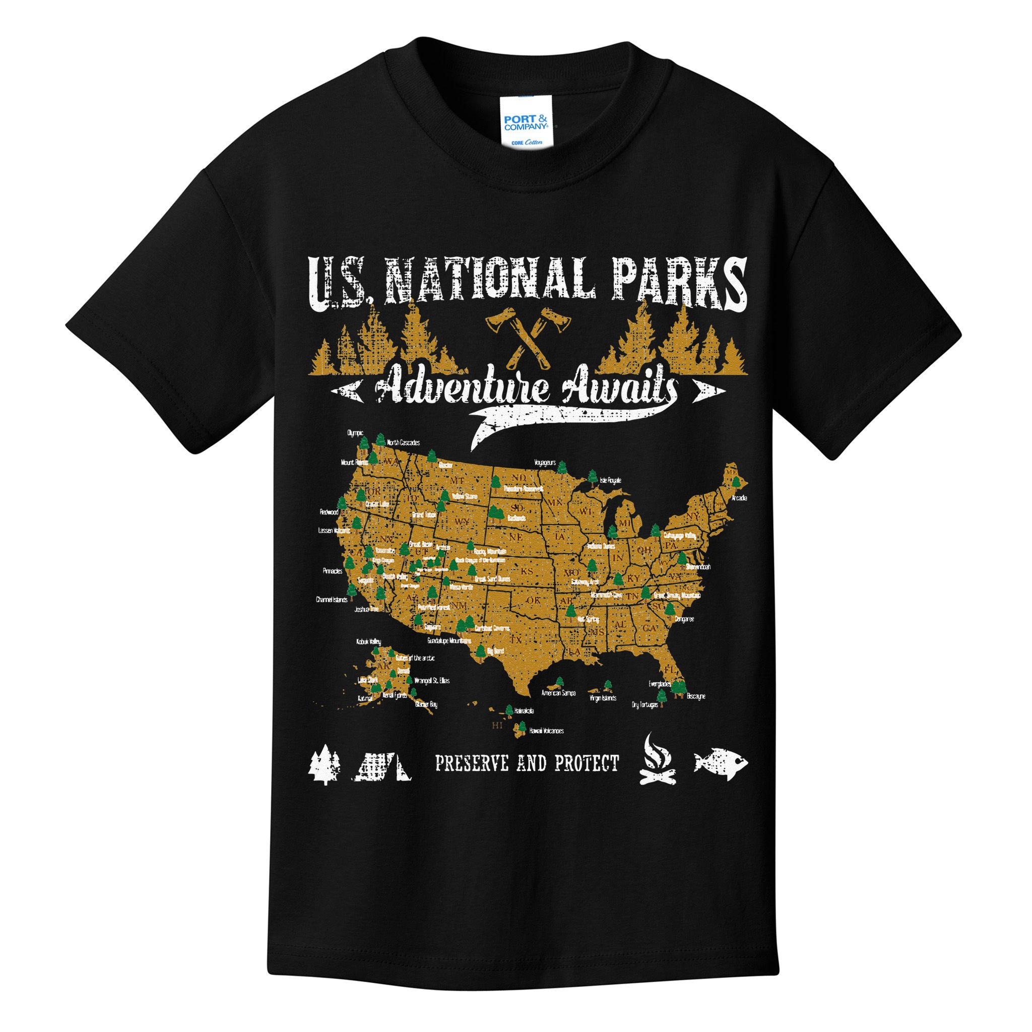 US National Parks Adventure Awaits Hiking & Camping Lover Kids T-Shirt