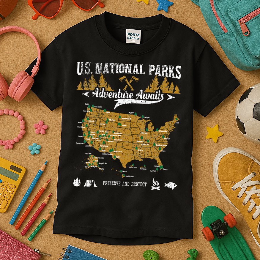 US National Parks Adventure Awaits Hiking & Camping Lover Kids T-Shirt