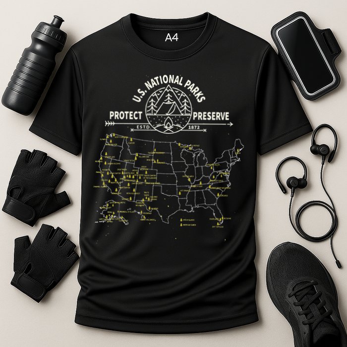 U.S. National Park Camping All 63 US National Parks Map Cooling Performance Crew T-Shirt